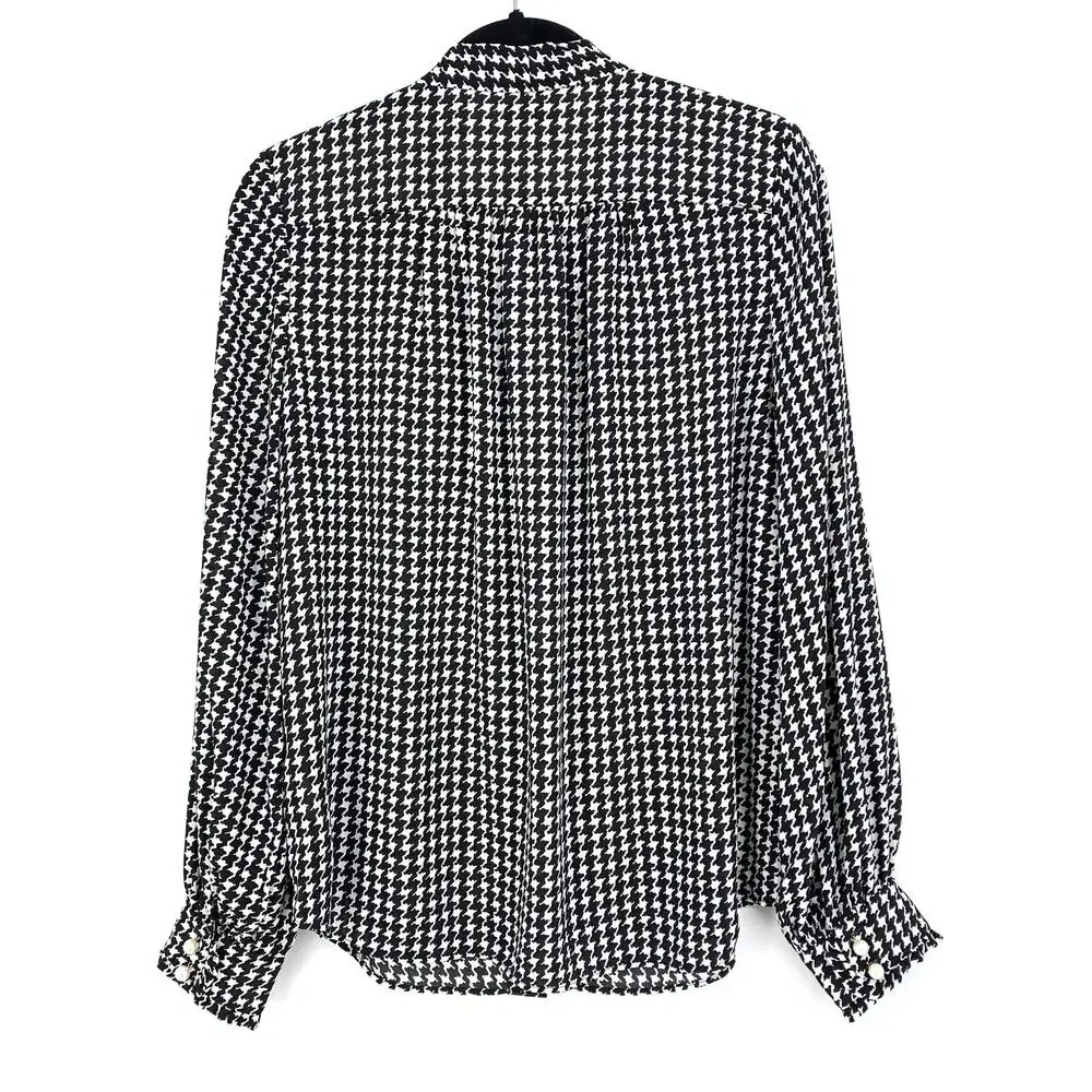 Kate Spade Women's Sz S Dashing Beauty Houndstooth Tie Neck Shirt In Black Cream